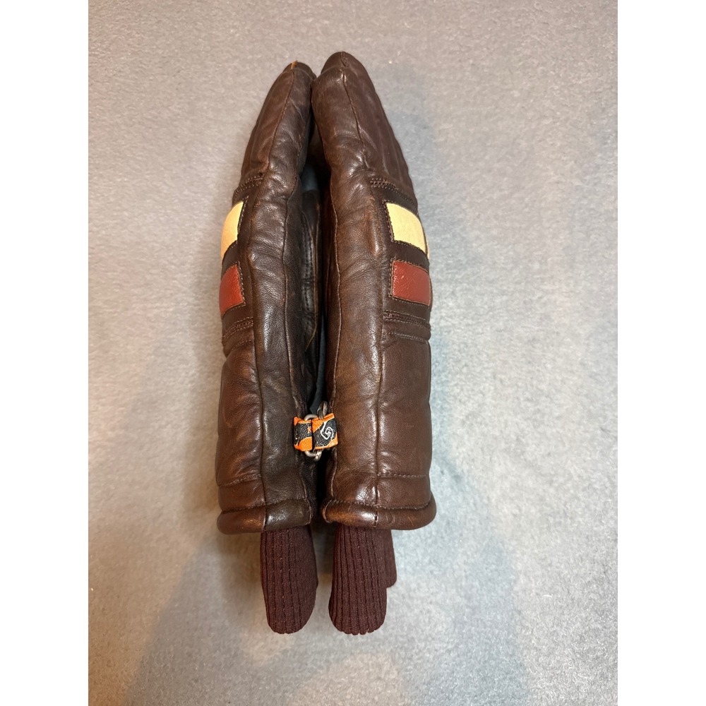 Vintage 70s Kombi Leather Ski Ladies Large Gloves Colorblock Padded Racer Brown - Picture 7 of 8